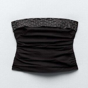 Zara Beaded Strapless Poplin Top - Black Size S NWT